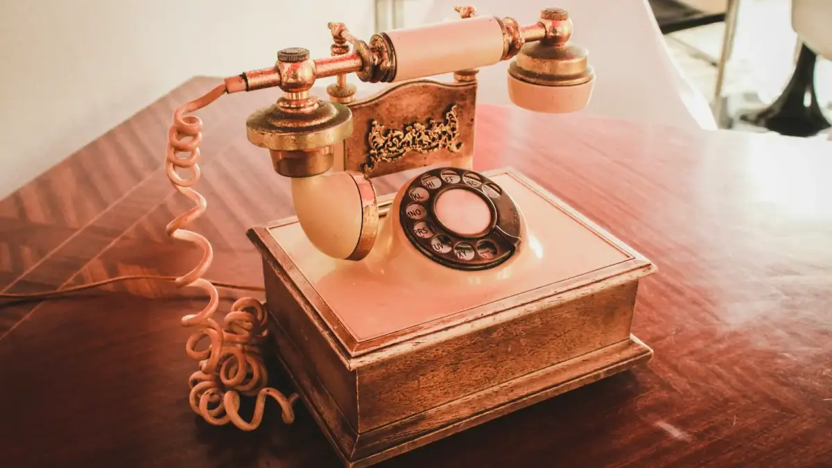 white and brown rotary telephone on brown wooden table