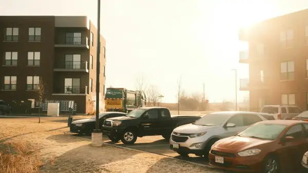 Cars parked in a lot next to apartment buildings