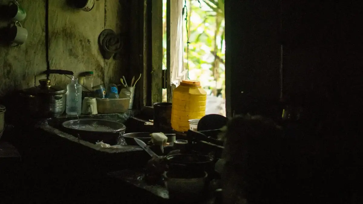 Rustic kitchen counter with various items and pots.