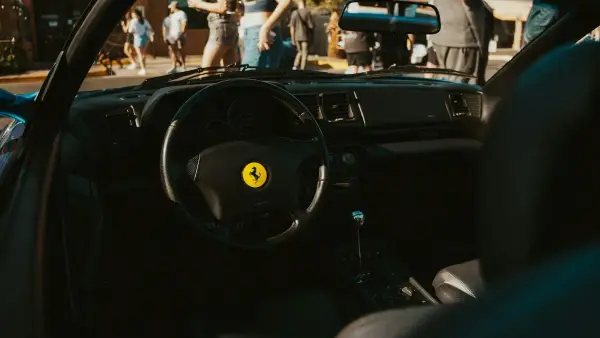 Interior view of a ferrari looking outside