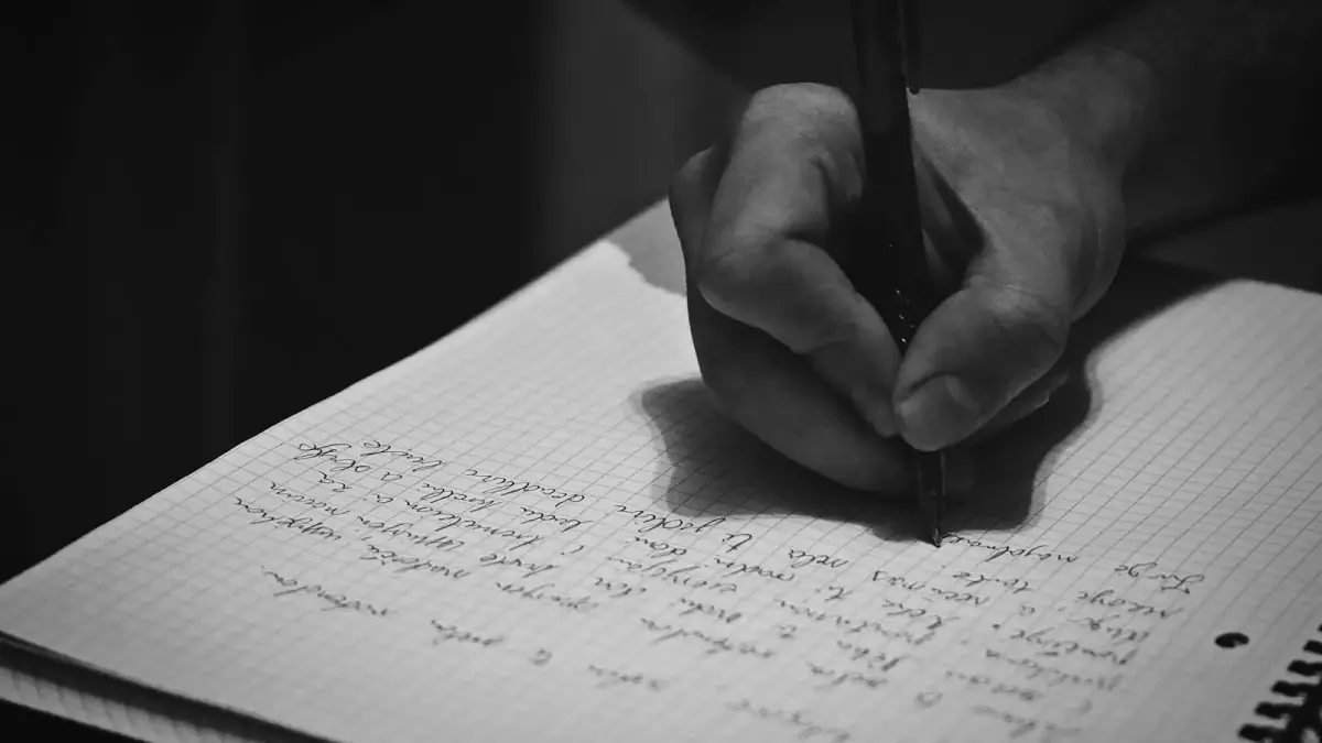 A person writing on a notebook with a pen