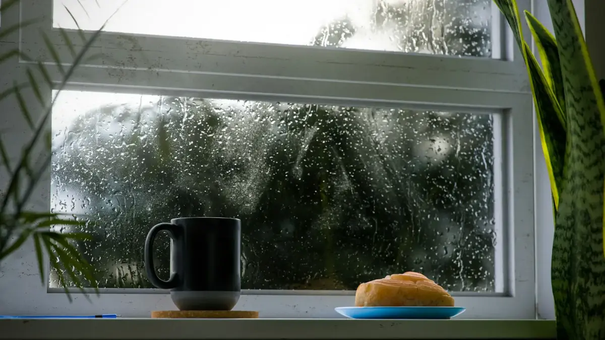 a cup of coffee and a piece of bread on a window sill