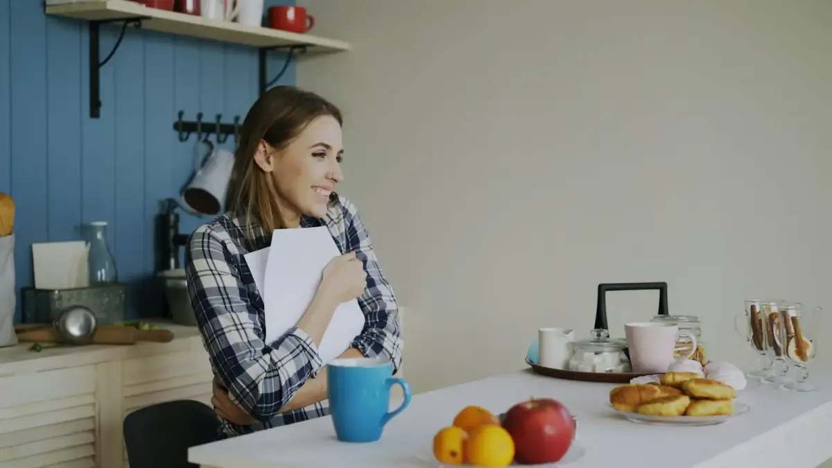 Woman holding book at kitchen table with snacks