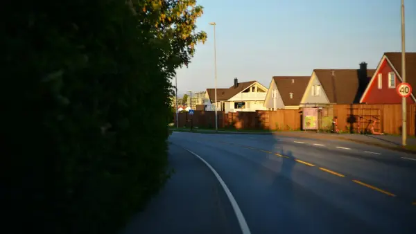 Curved road with houses and green foliage at sunset