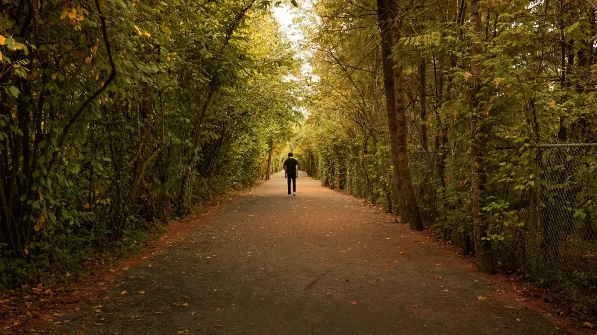 person in black jacket walking on pathway between trees during daytime