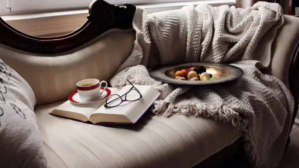 A cozy chaise lounge with a book, coffee, and snacks