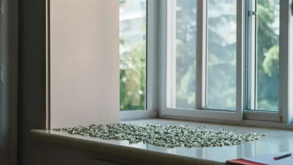 Green objects on a window sill overlooking trees and buildings