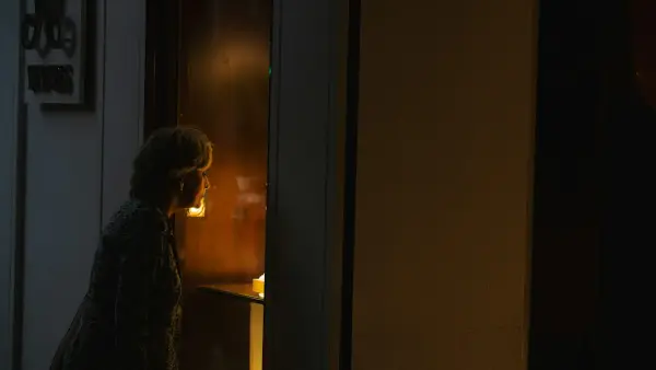 Woman looking into a dimly lit shop window