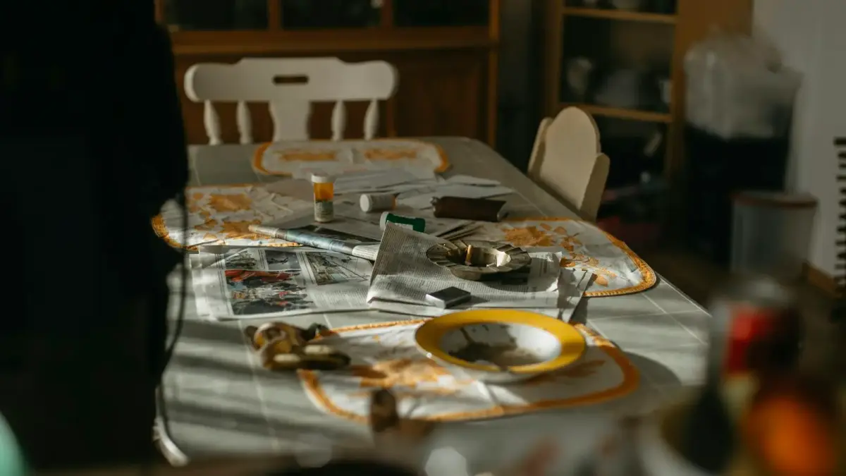A dining table with a tablecloth and dishes