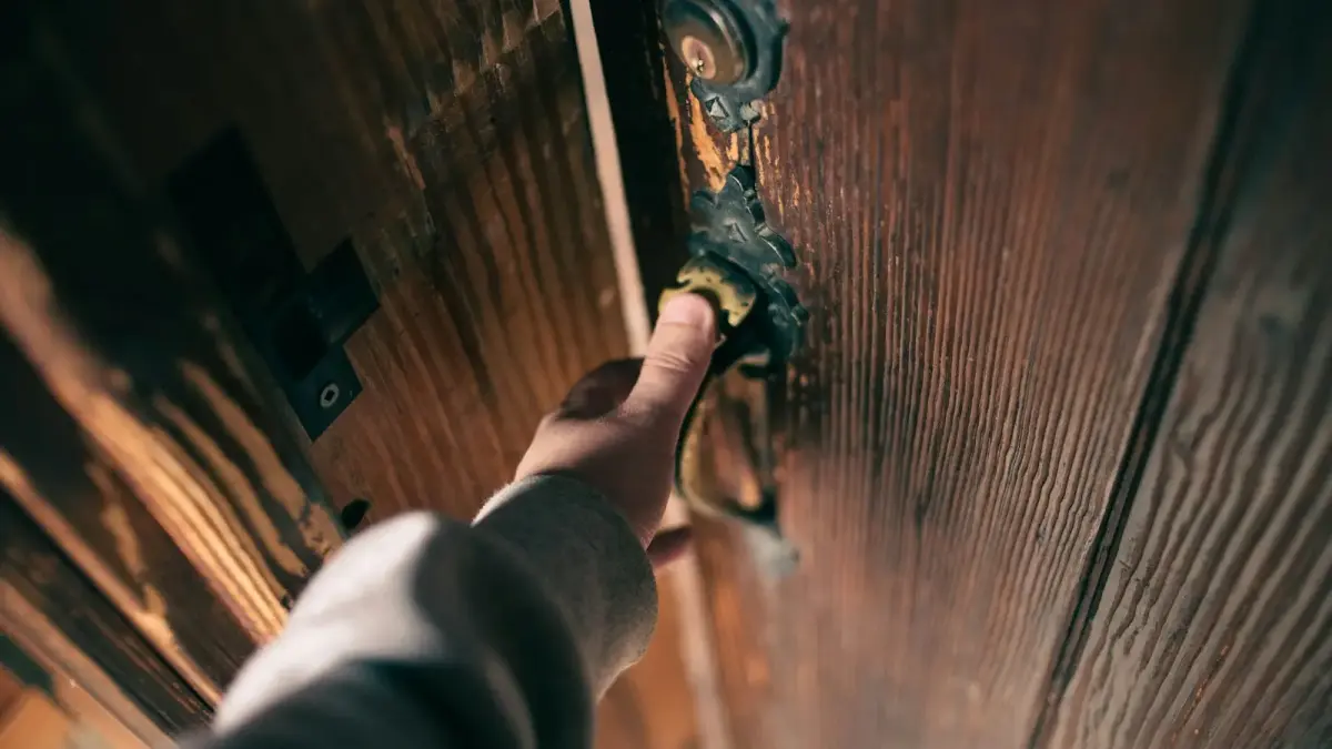 a person's hand reaching for a door handle