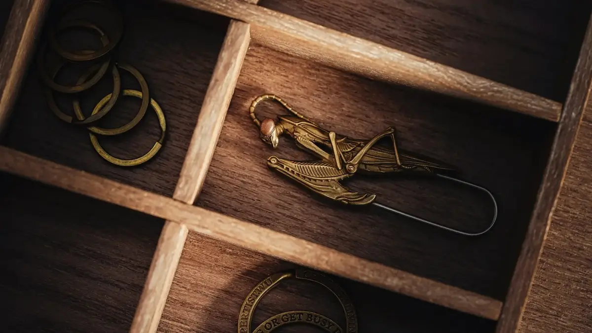 a wooden box filled with lots of different types of scissors