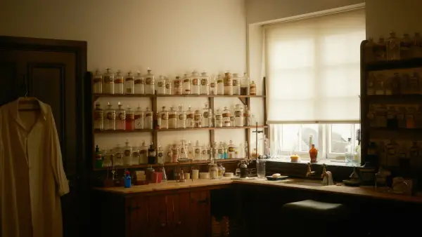 Lab with shelves full of bottles and a window.