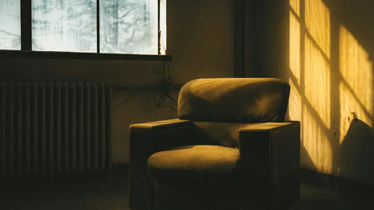 Armchair bathed in warm sunlight by a window.