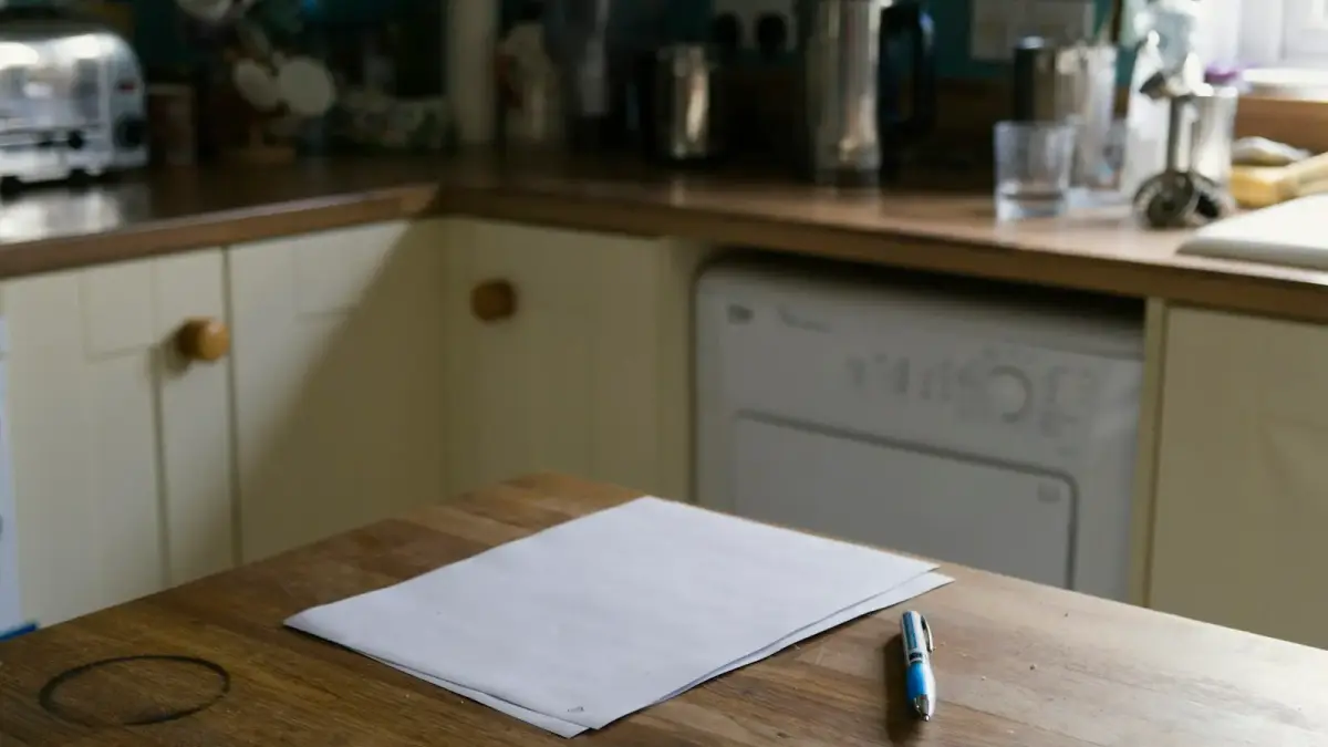 a kitchen counter with a napkin and a pen on it