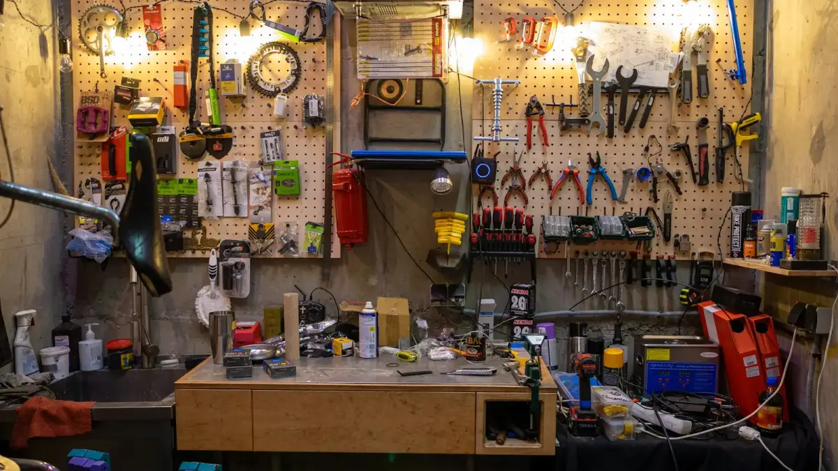 Workshop wall with tools and workbench