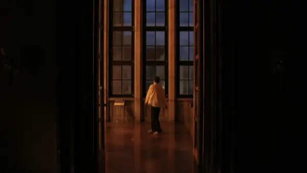 Person stands in grand room with large windows