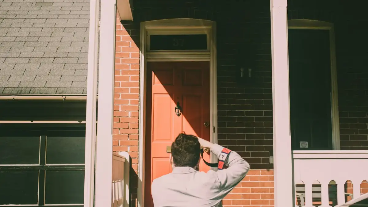 a person standing in front of a red door