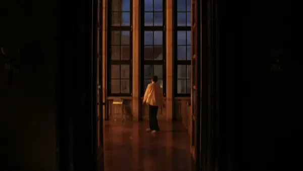 Person stands in grand room with large windows