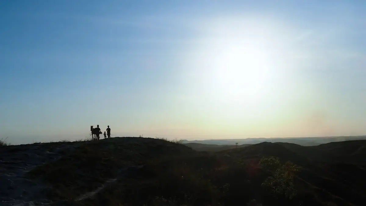 Silhouettes of people on a hill at sunset