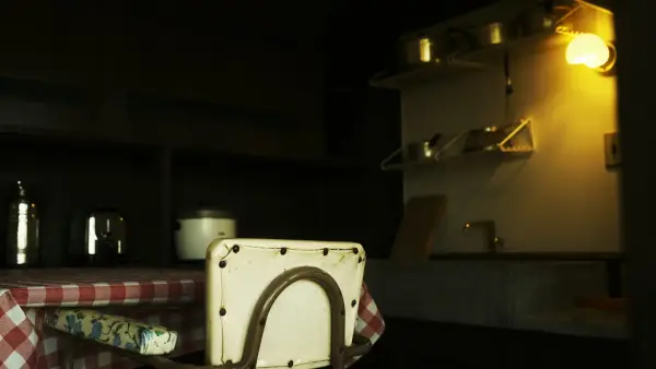 Retro kitchen with checkered tablecloth and vintage chair