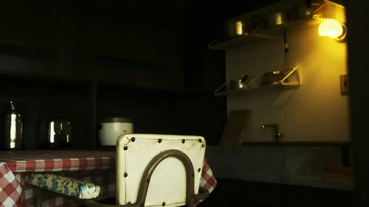 Retro kitchen with checkered tablecloth and vintage chair