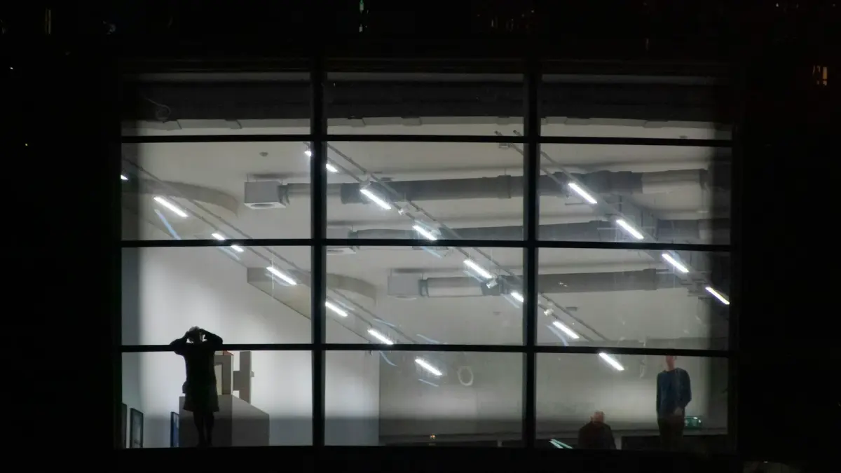 People silhouetted against a brightly lit modern interior at night.