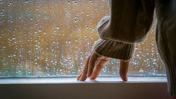 a person standing on a window sill in the rain