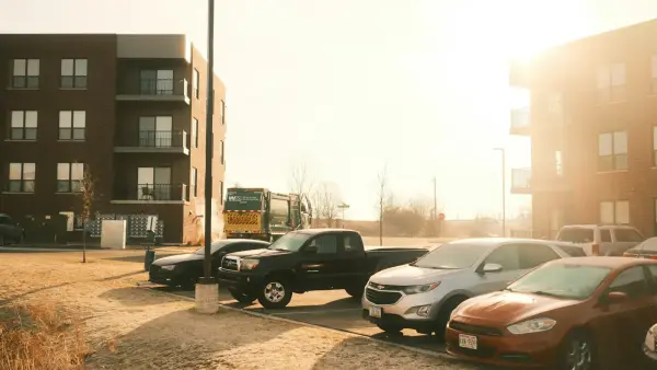 Cars parked in a lot next to apartment buildings.