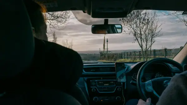 View from inside car looking out at landscape