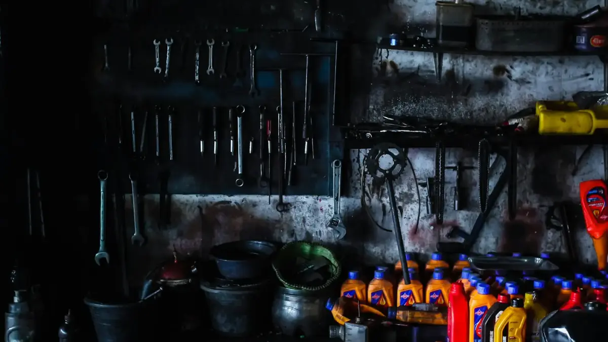 Tools and oil bottles in a workshop