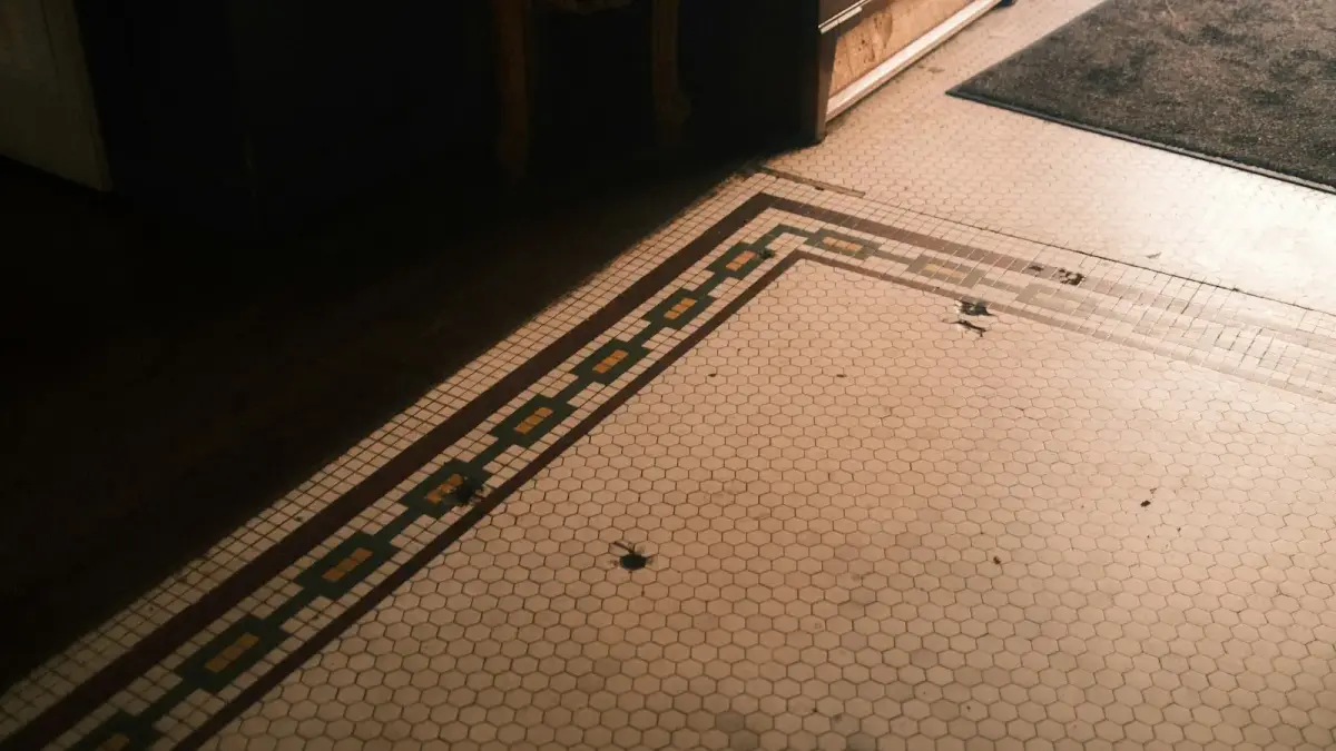 A patterned tile floor in a dim room.