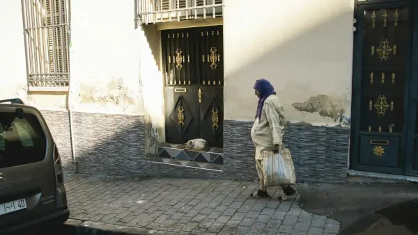 Woman walks past a building with a dog
