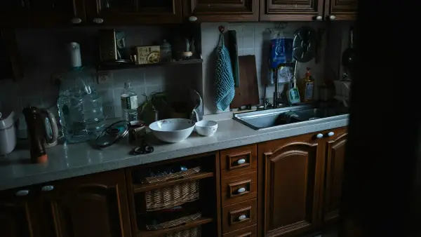 Dark kitchen interior with wooden cabinets and sink