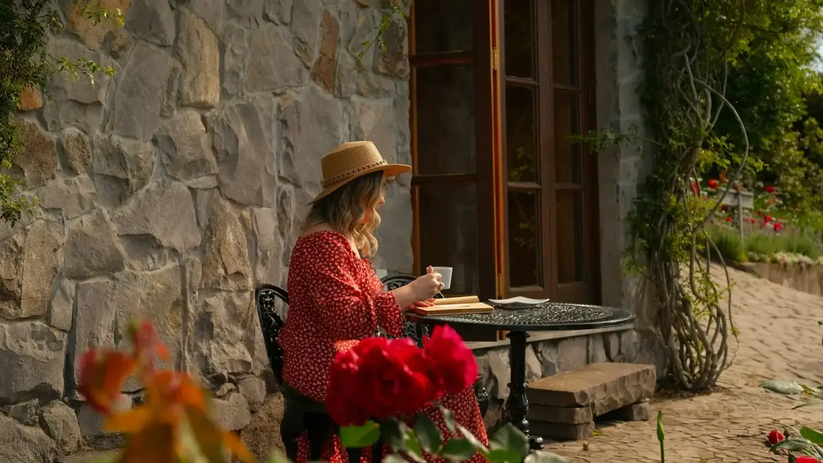 Woman in hat drinks coffee at outdoor table.