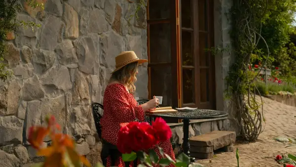 Woman in hat drinks coffee at outdoor table.