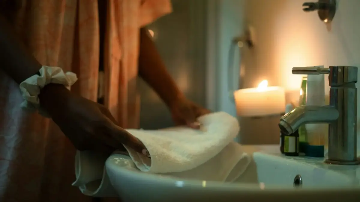 Woman folding a towel by a sink with candle