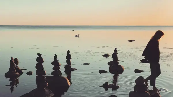 silhouette of people on water during sunset