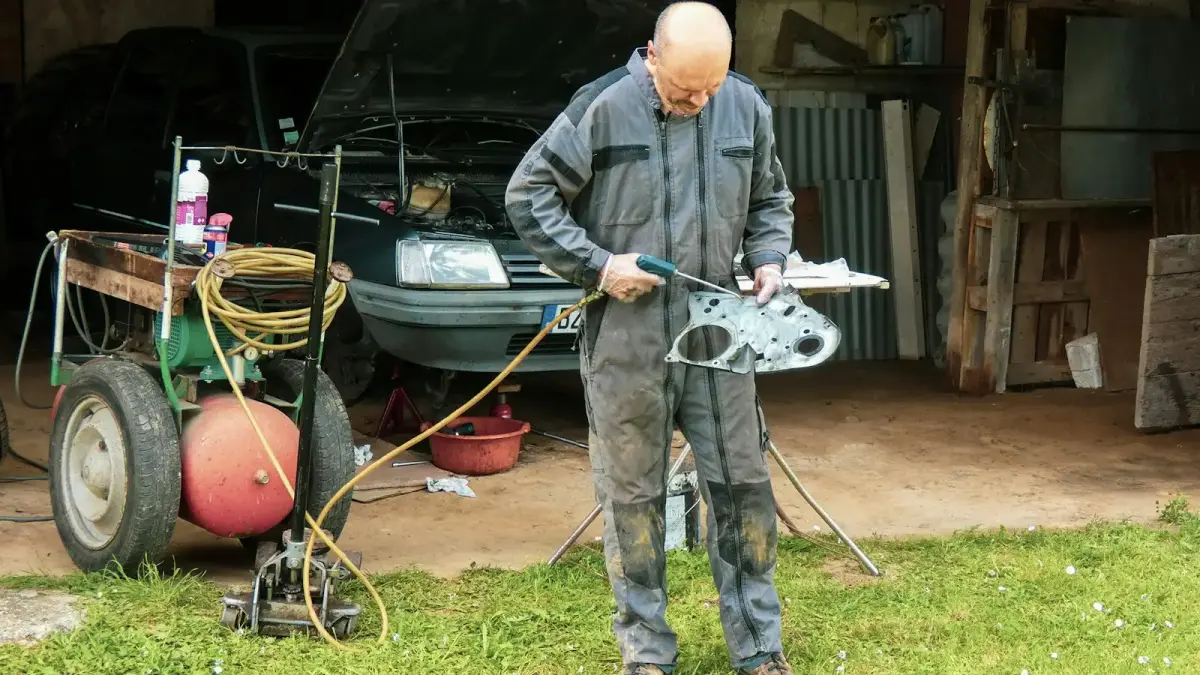 a man in overalls working on a piece of metal